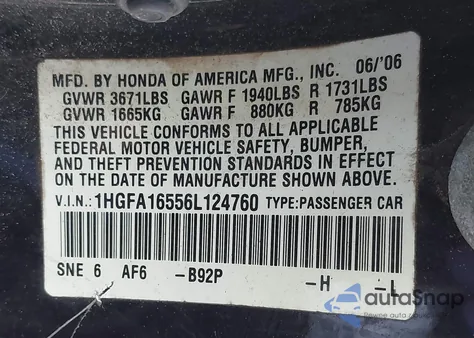 2006 Honda Civic Lx from USA, damaged, VIN 1HGFA16556L124760